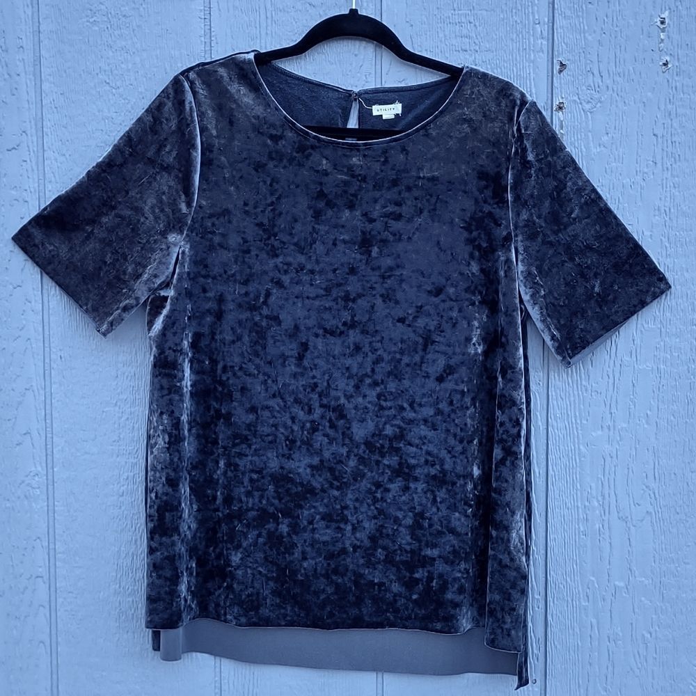 Utility Short Sleeve Crushed Velvet Top Large Gray